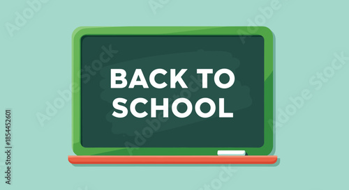 Green chalkboard with the text Back to School and a white chalk eraser on a light blue background for education and learning themes.
