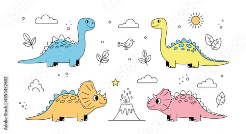 Set of cute cartoon dinosaurs including a long neck, triceratops, and others with environment elements like volcano, sun, and leaves.