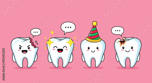 Row of cartoon tooth characters demonstrating various dental issues like cracks, cavities, and pain, as well as a clean healthy tooth.