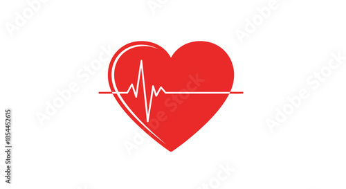 Red heart symbol with white electrocardiogram pulse line representing health medical wellness and life on a plain white background.