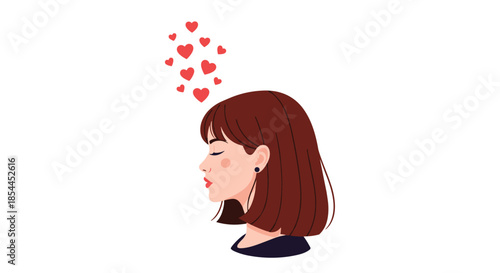 Side profile of a beautiful young woman with closed eyes dreaming of love with red hearts floating above her head on white background.