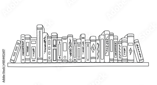 Black and white line art illustration of a bookshelf filled with many diverse books of various sizes and spine designs for education.