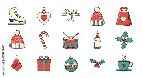 Comprehensive collection of colorful Christmas and winter icons including ice skate, hat, candle, gift, ornament, and holly for holidays.