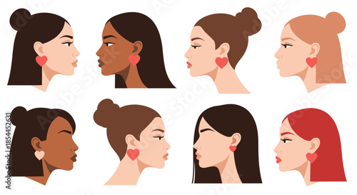 Diverse group of women from various ethnicities in profile view wearing red heart shaped earrings representing love and international unity.