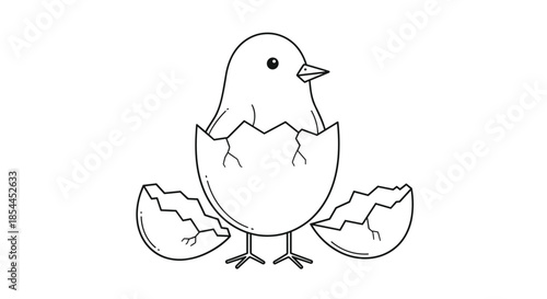 Simple black and white line art illustration of a small baby chick hatching from a cracked egg shell on a white background.