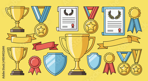 Large collection of gold trophies medals certificates ribbons and blue shields representing success achievement winning and rewards.