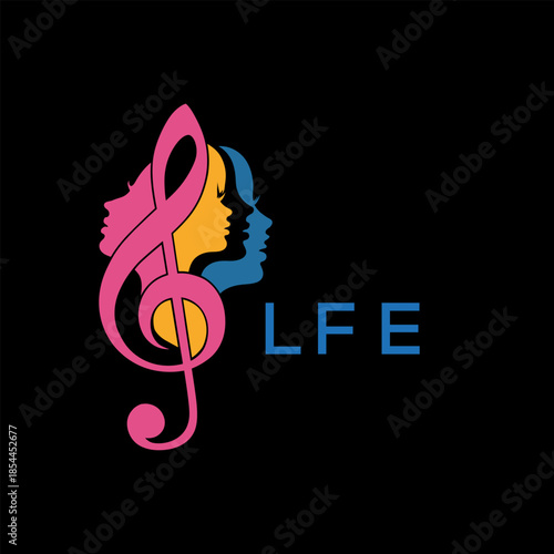 Creative Feminine Music Logo with Treble Clef and Colorful Female Silhouettes – LFE  Later Logo, Beauty and Art Concept
