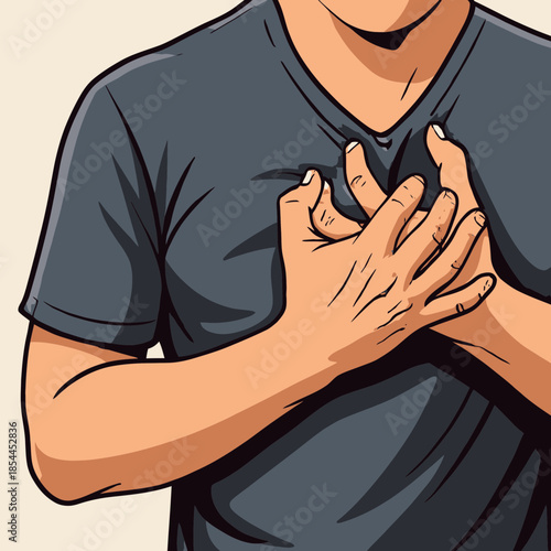 A man holds his chest while experiencing breathing discomfort, illustrating the concept of respiratory illness and lung-related health problems.