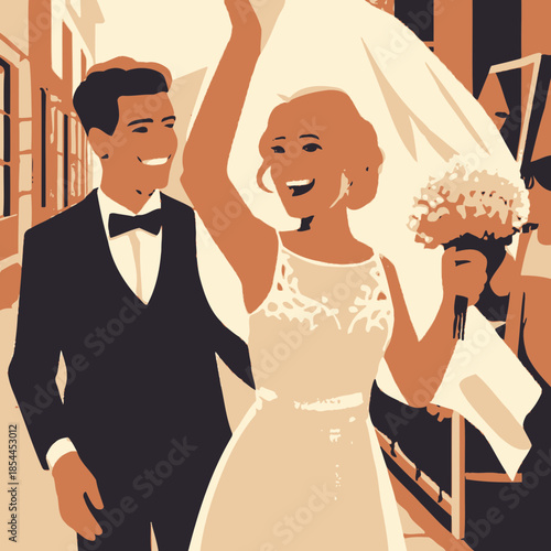 A joyful couple walks together at an outdoor wedding ceremony while guests celebrate by throwing petals, capturing a happy moment of love and celebration.