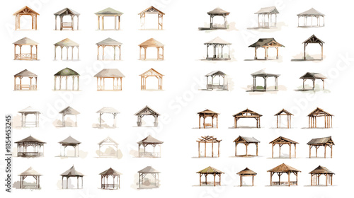 Watercolor house architecture variations arranged as a collection, ideal for urban planning concepts, real estate visuals, educational materials, and modern city themed illustrations.