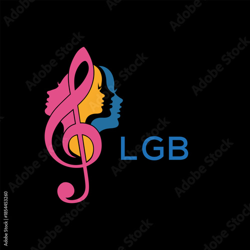 Creative Feminine Music Logo with Treble Clef and Colorful Female Silhouettes – LGB  Later Logo, Beauty and Art Concept
