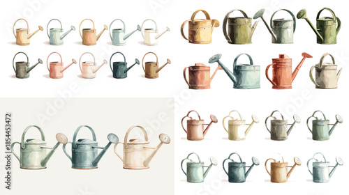 Watercolor metal watering cans in soft pastel colors displayed as a collection, perfect for gardening themes, spring decor, botanical illustrations, and lifestyle design projects.