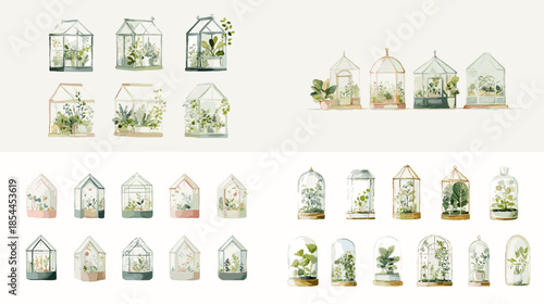Watercolor glass terrariums and decorative greenhouse houses with plants, ideal for interior decor concepts, botanical branding, cozy lifestyle illustrations, and modern design themes.