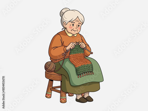 Elderly Woman Knitting on a Stool.