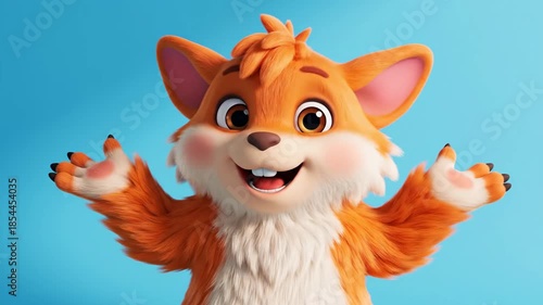 Smiling cartoon fox with outstretched arms.