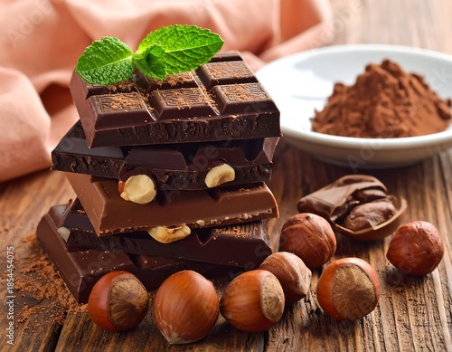 Stacked chocolate bars with hazelnuts and mint sprig, with cocoa