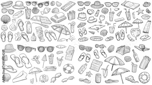 Hand drawn camping and travel equipment icons arranged as a large collection, perfect for outdoor guides, adventure branding, educational graphics, and infographic design.