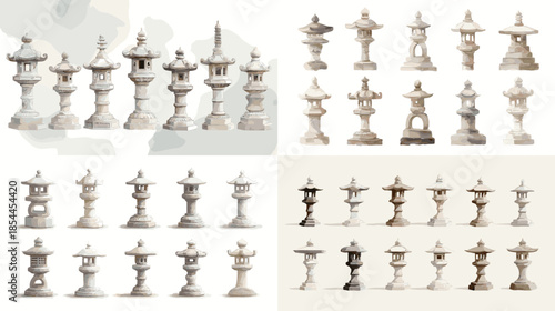 Watercolor stone garden lanterns displayed as a collection, ideal for zen gardens, meditation concepts, spa branding, peaceful landscapes, and minimalist outdoor decor designs.