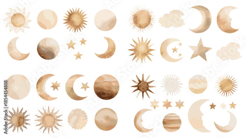Watercolor moon sun stars and celestial elements in soft neutral tones, perfect for astrology themes, nursery decor, spiritual designs, and dreamy backgrounds.