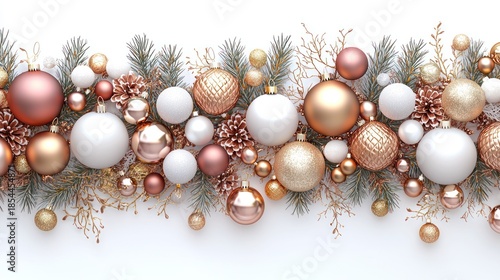 Rose gold and white Christmas ornaments garland, pine, winter holiday decoration, festive background, website banner