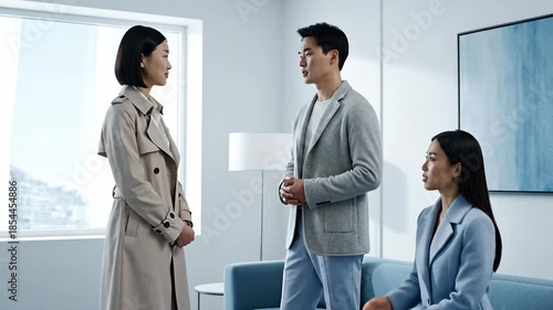 Three people talking in living room.