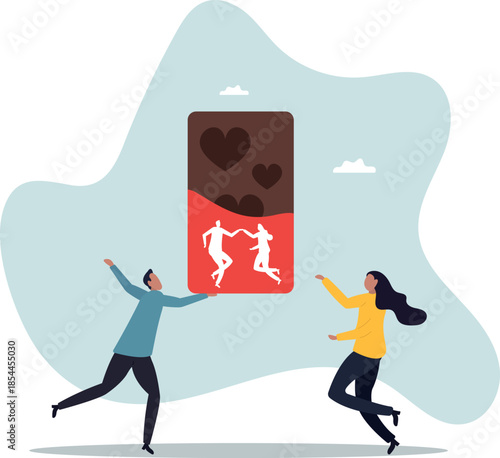 A man gives his beloved a chocolate bar with a heart-shaped pattern. Valentine's Day concept.