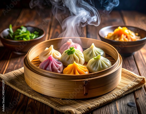 Steaming dumplings in a bamboo steamer with side dishes on wood
