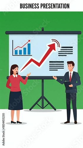 Business Presentation with Upward Arrow Graph and Two Colleagues Pixel Art