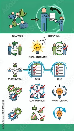 Business Process Management Icons and Flowcharts with Checkmarks and Lightbulbs
