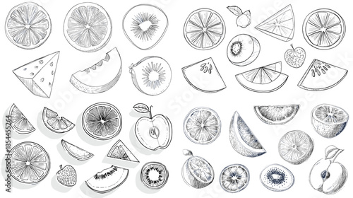 Hand drawn fruit slice illustrations in sketch style, perfect for food labels, kitchen decor, nutrition graphics, educational materials, and creative packaging design.