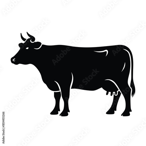 A cute cartoon illustration of a black cow standing against a plain white background with a simple, dragon-inspired design.