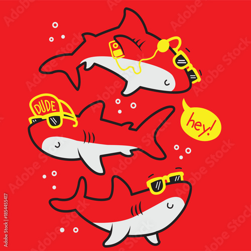 Cute and funny cartoon sharks wearing sunglasses on a red background, summer vector illustration with "DUDE" and "hey!" text
