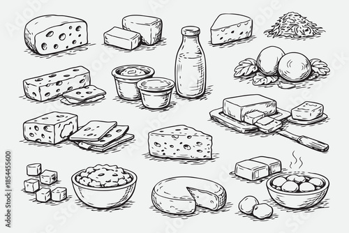 Hand Drawn Cheese and Dairy Food Items Vector Sketch Set
