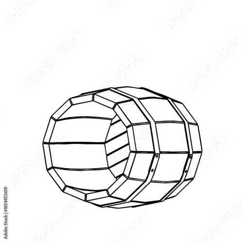 Outline for Coloring of Wooden Old Vintage Empty Barrel with Metal Bands. Vector Illustration.