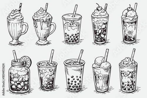 Hand Drawn Sweet Drink and Dessert Beverage Vector Sketch Set