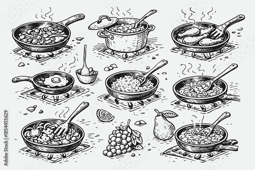 Hand Drawn Cooking in Pan and Pot Vector Sketch Illustration Set