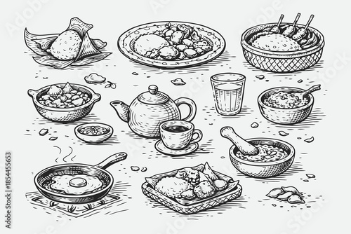 Hand Drawn Traditional Serving Ware with Food Sketch Vector Set