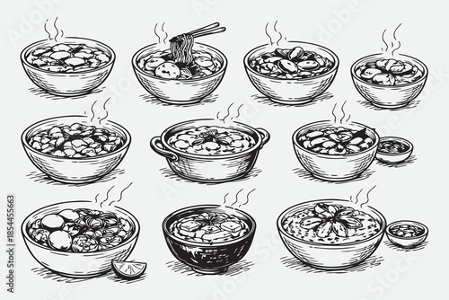 Hand Drawn Soup and Comfort Bowl Meals Vector Sketch Set