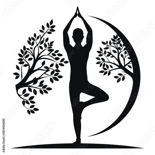 Black and white yoga illustration with tree silhouette, person