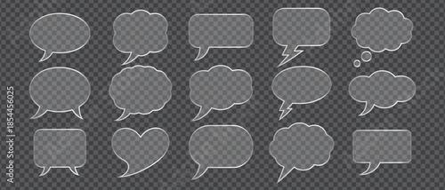Large collection of transparent glossy message and thought bubbles with silver borders on checkerboard