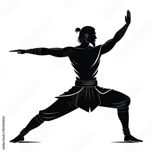 Black and white vector silhouettes of a man in dynamic martial