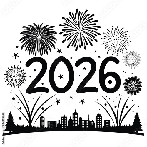 New year 2026 celebration, fireworks over city skyline at night