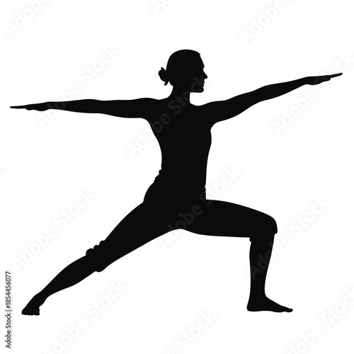 Two women doing warrior yoga pose in black silhouette on white