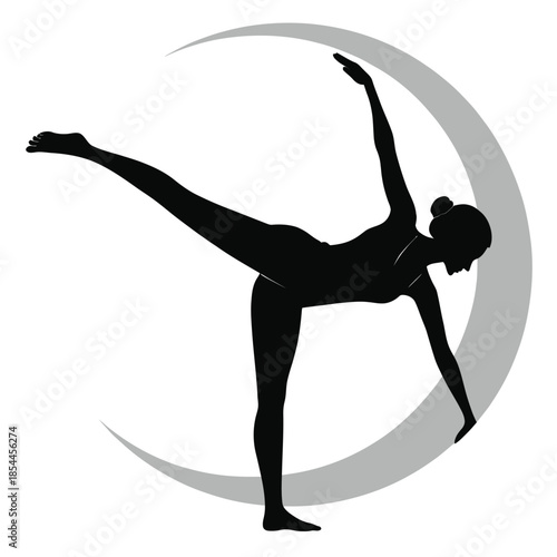 Yoga poses, women in black silhouette, crescent moon background