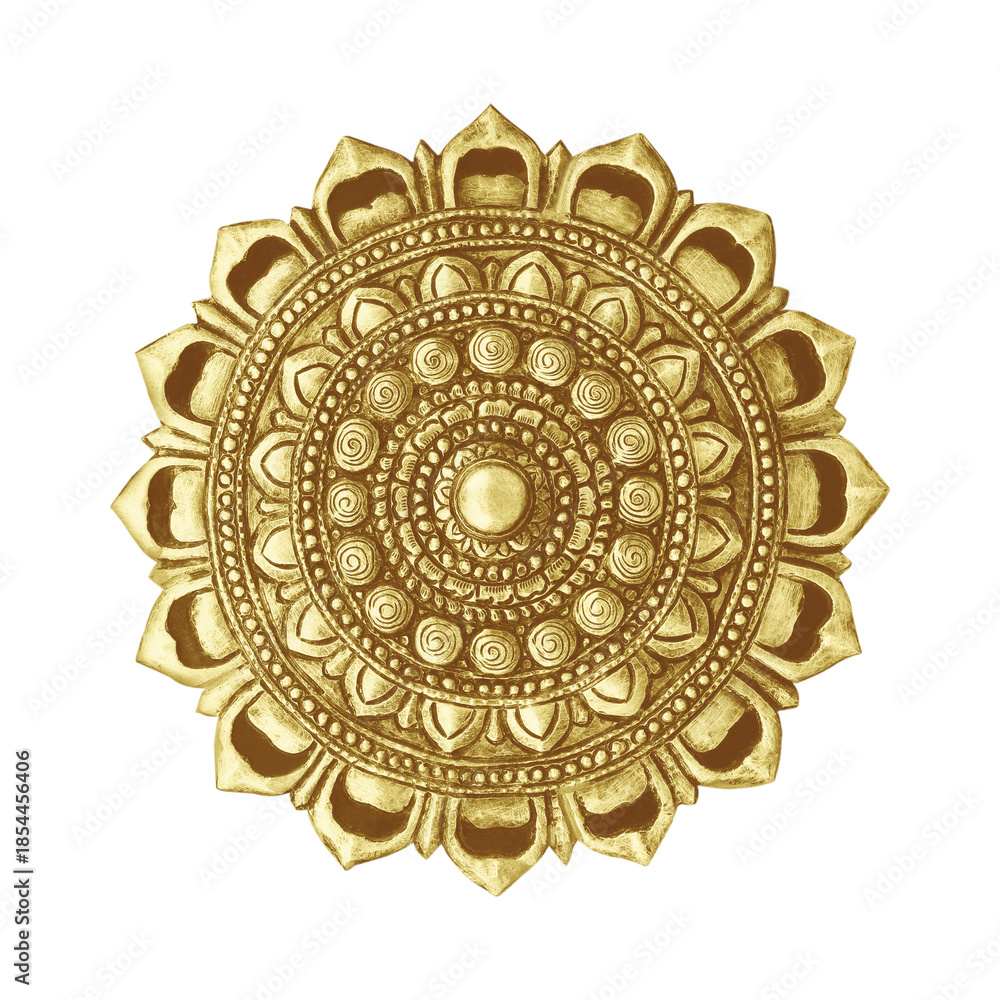 Naklejka premium Gold decorative element with floral carved pattern isolated on white background.