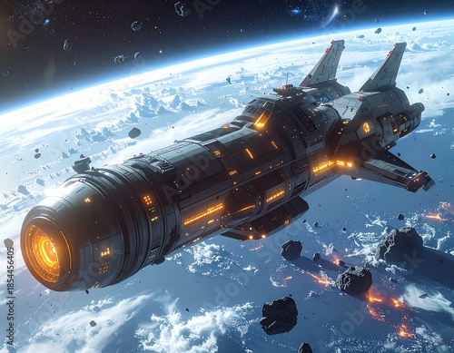 Wallpaper Mural Large space vessel cruising over a blue planet with asteroid field Torontodigital.ca