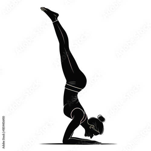 Black and white illustration of woman doing yoga headstand
