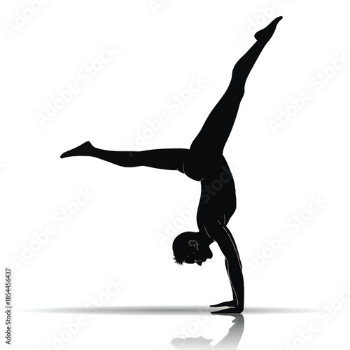 Two acrobats performing handstand variations in black silhouette