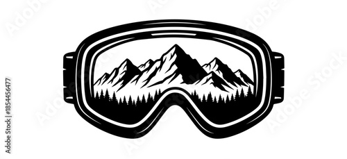 A bold black and white vector illustration of ski goggles reflecting a jagged mountain range and dense pine forest silhouette within the lens