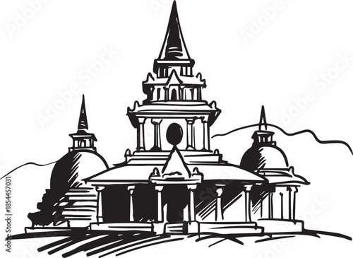 Ancient Buddhist Temple in Black and White Background with Historic Architecture 